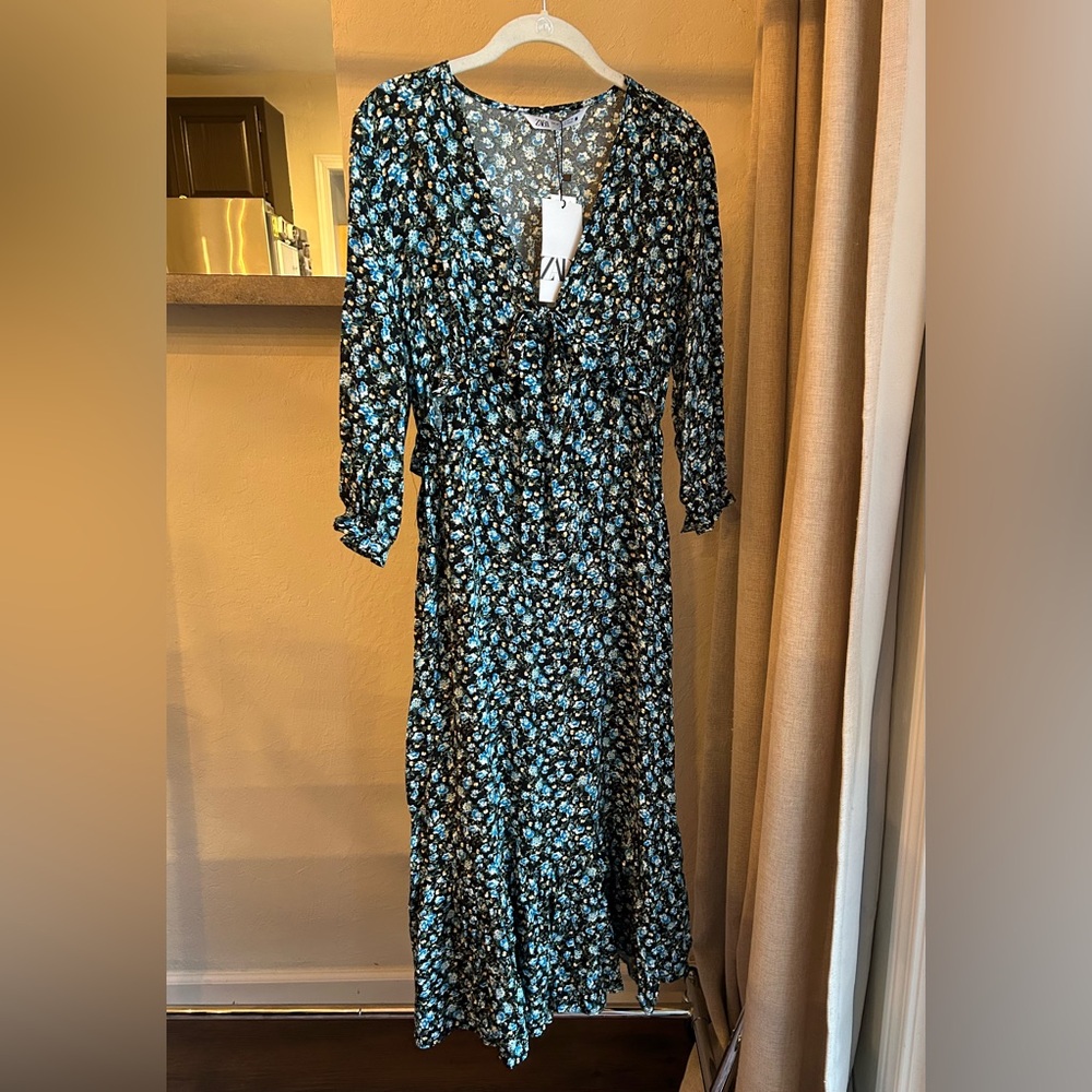 Zara Black Maxi Dress with Blue Floral Pattern